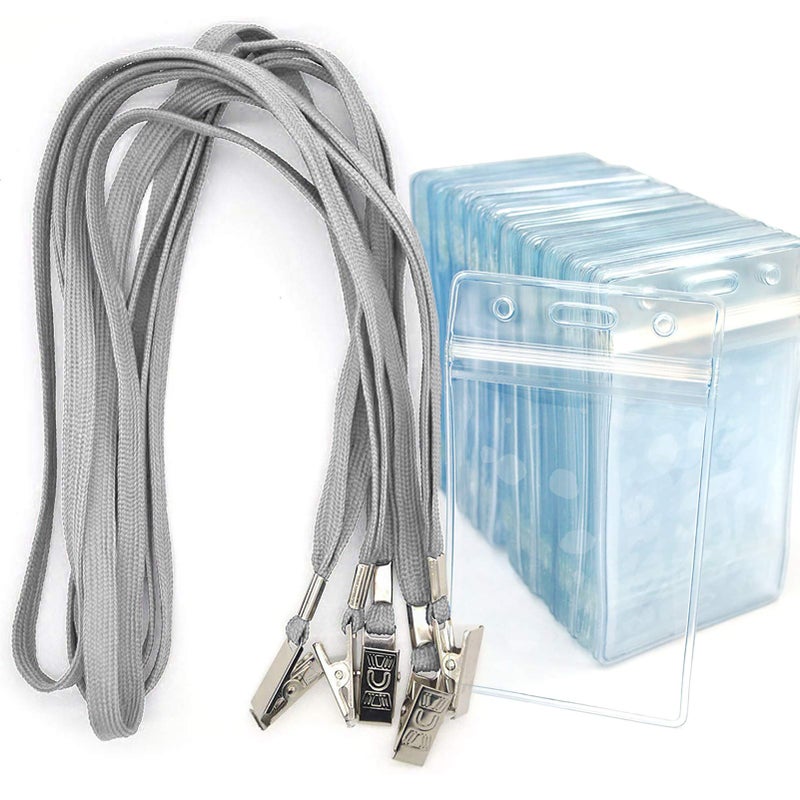 Bird Fiy Lanyards with Id Holder Badges Name Tags 50 Pack Lanyards with Bulldog Clip and 50 Pack Waterproof Clear Plastic Vertical Name Tag Badge ID Card Holders (Gray) - Image 1